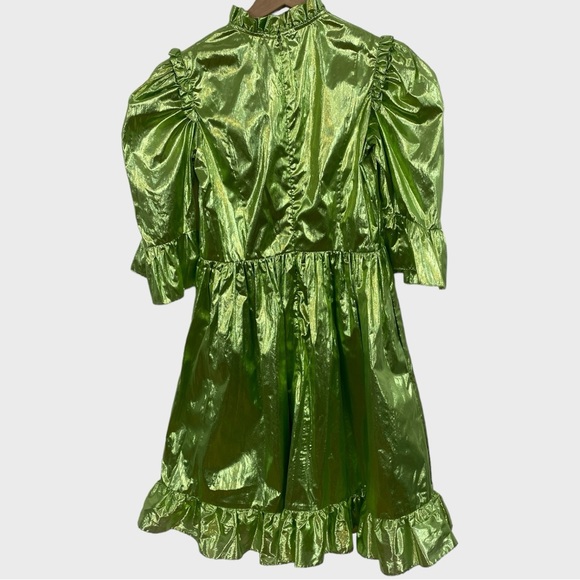 Batsheva NWT Metallic Green Ruffled Mini Dress with Pockets Size 2 - Picture 3 of 11